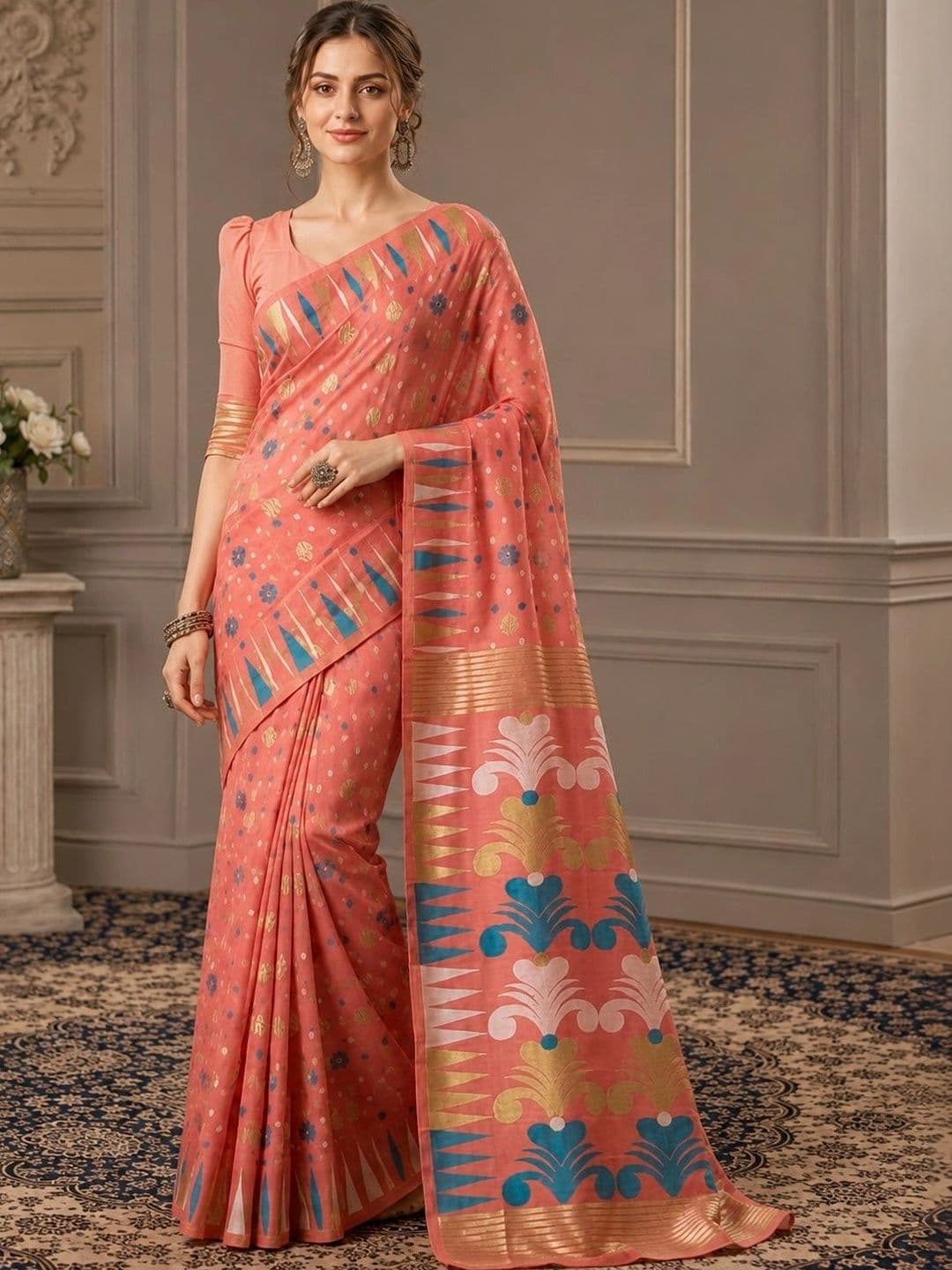 HERE&NOW Floral Zari Silk Cotton Fusion Banarasi Saree - view 1