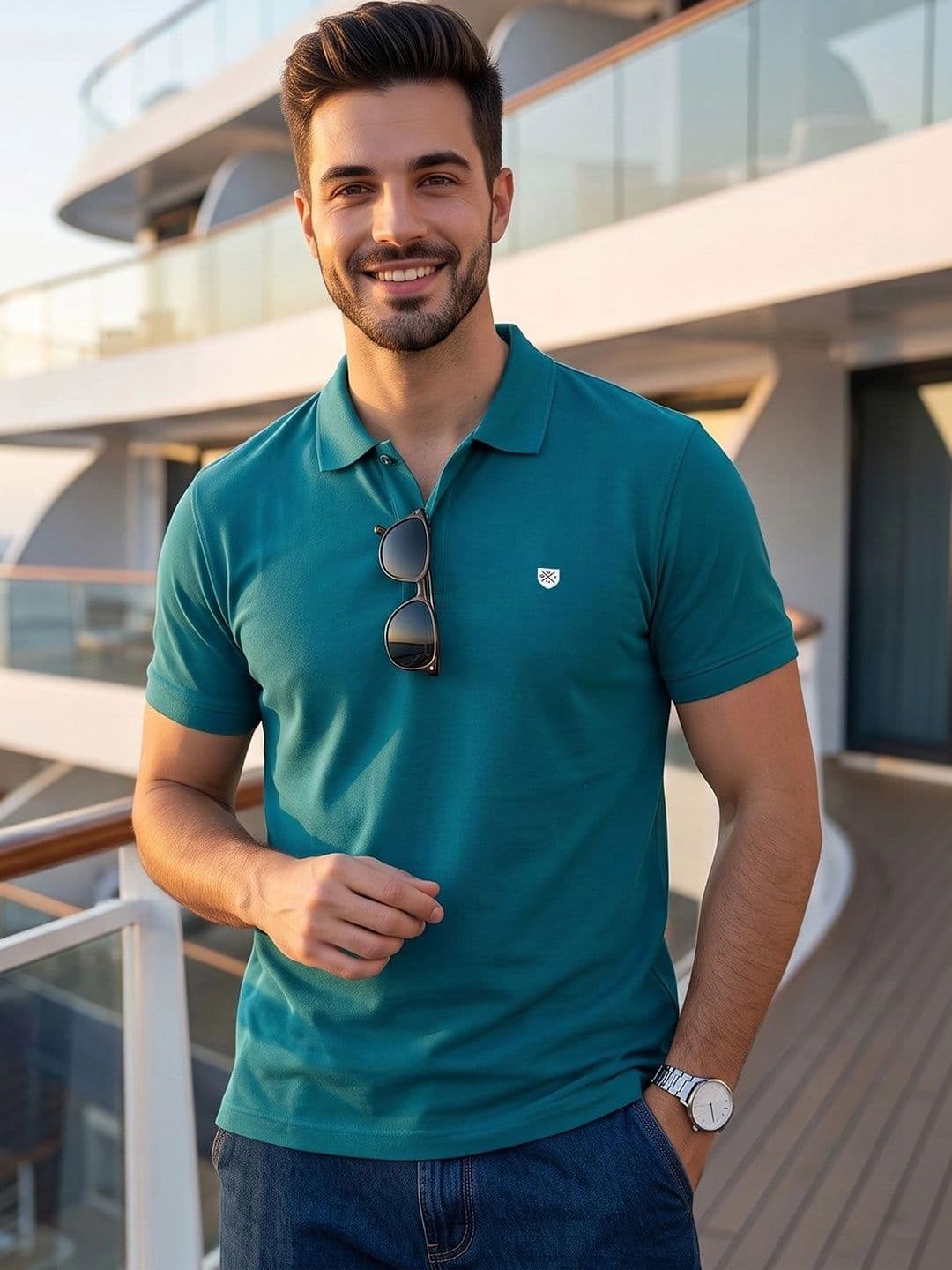 OAKWYN Teal Polo Collar T-shirt with Brand Logo - view 1