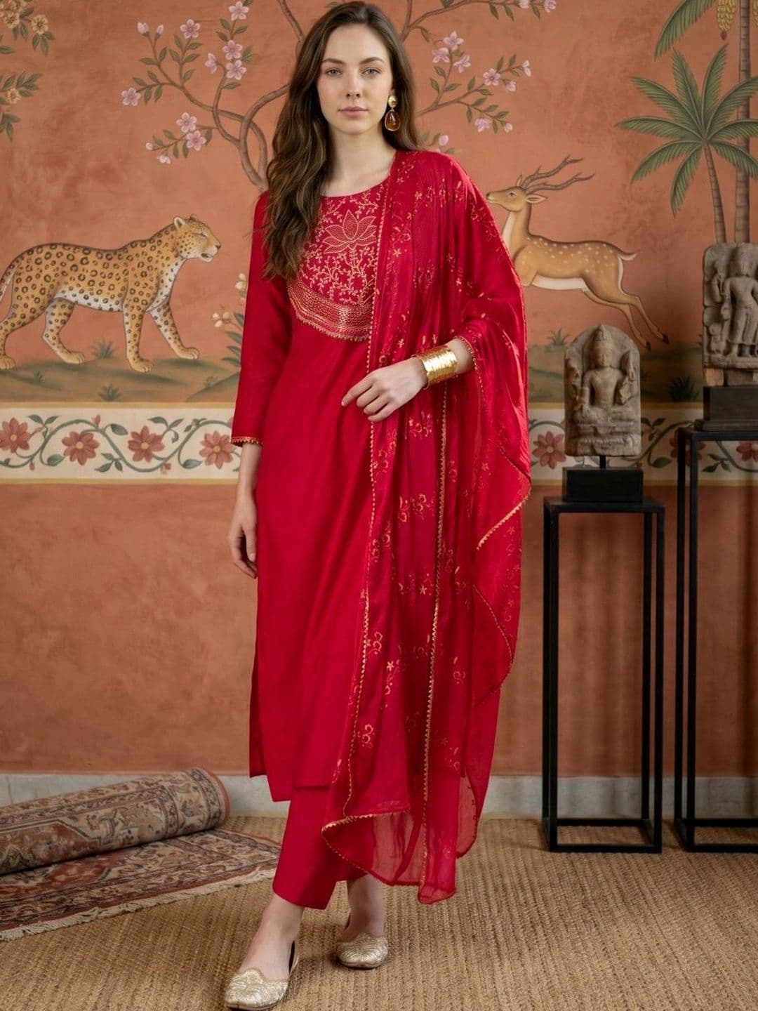 Sangria Women Ethnic Motifs Embroidered Regular Thread Work Kurta with Trousers & With Dupatta - view 1