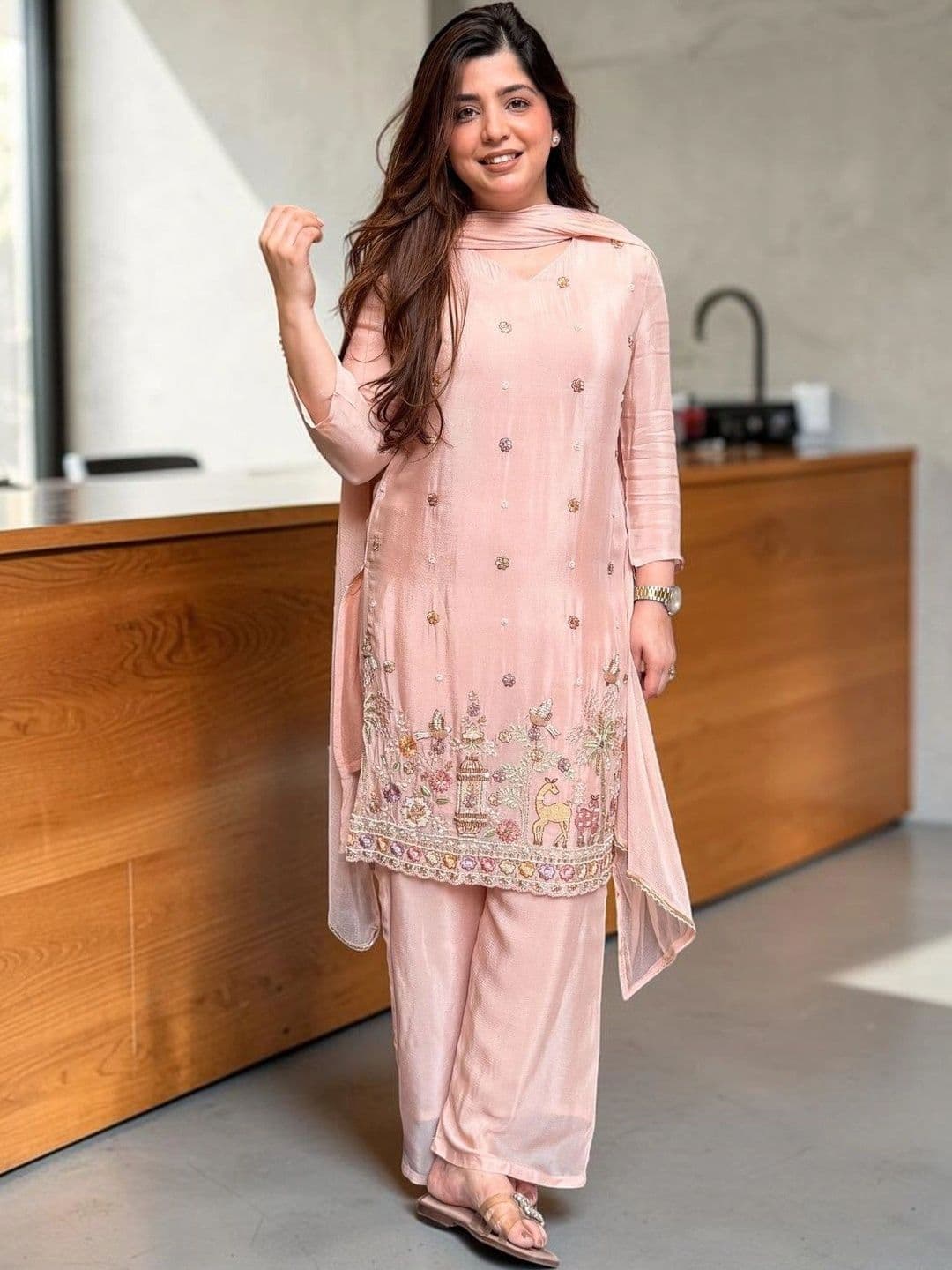 NAVYAAZRI Women Ethnic Motifs Embroidered Regular Thread Work Kurta with Palazzos & With Dupatta - view 1