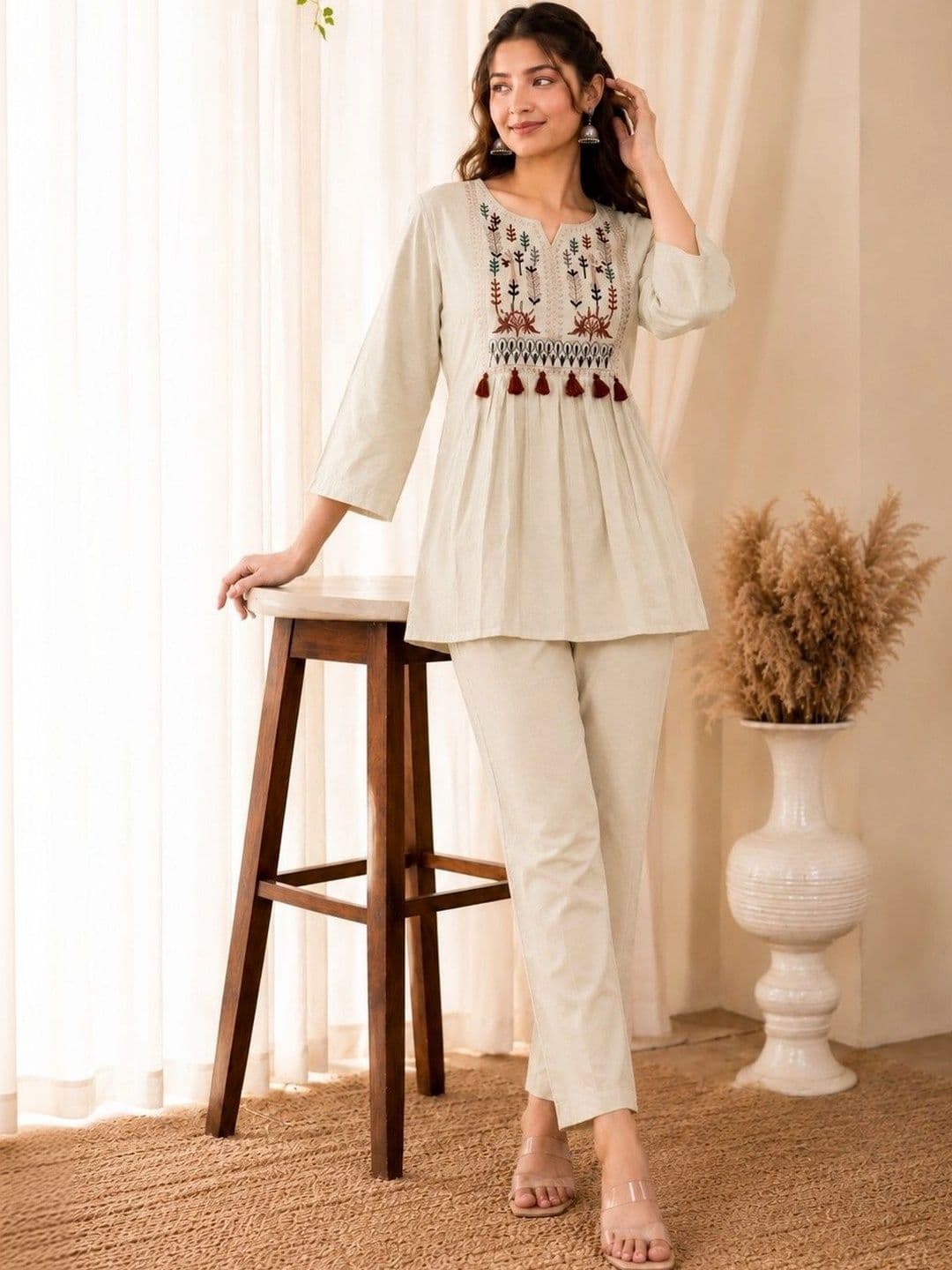 THE AADIVAA Women Ethnic Motifs Embroidered Empire Thread Work Pure Cotton Kurti with Trousers - view 1