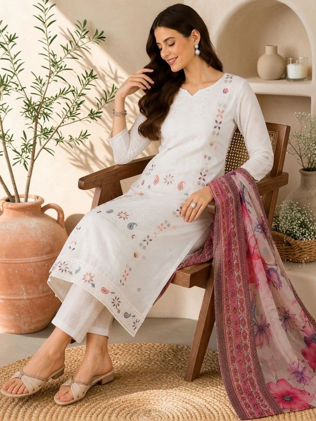 Sangria Women Ethnic Motifs Embroidered Regular Thread Work Pure Cotton Kurta with Trousers & With Dupatta - view 1