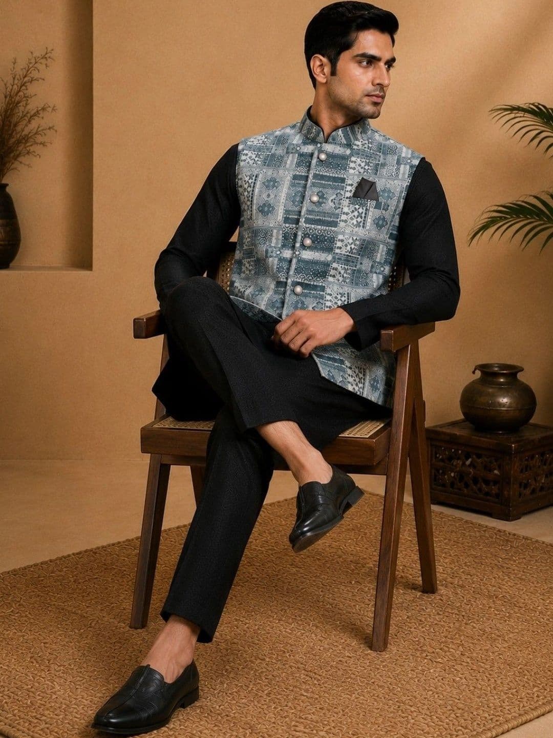 TRENDS OF ETHNIC Printed Mandarin Collared Nehru Jacket - view 1