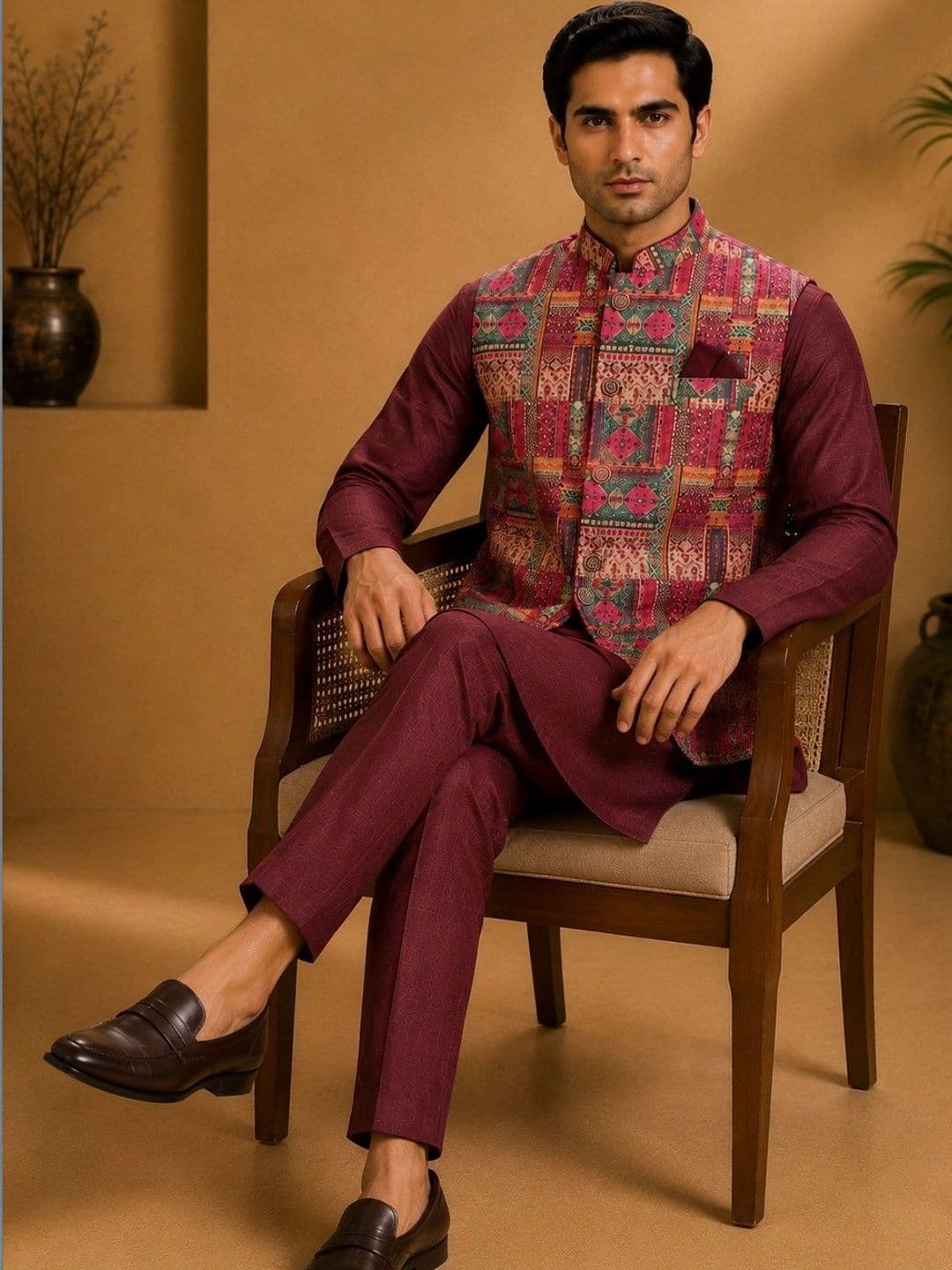 TRENDS OF ETHNIC Printed Mandarin Collared Nehru Jacket - view 1