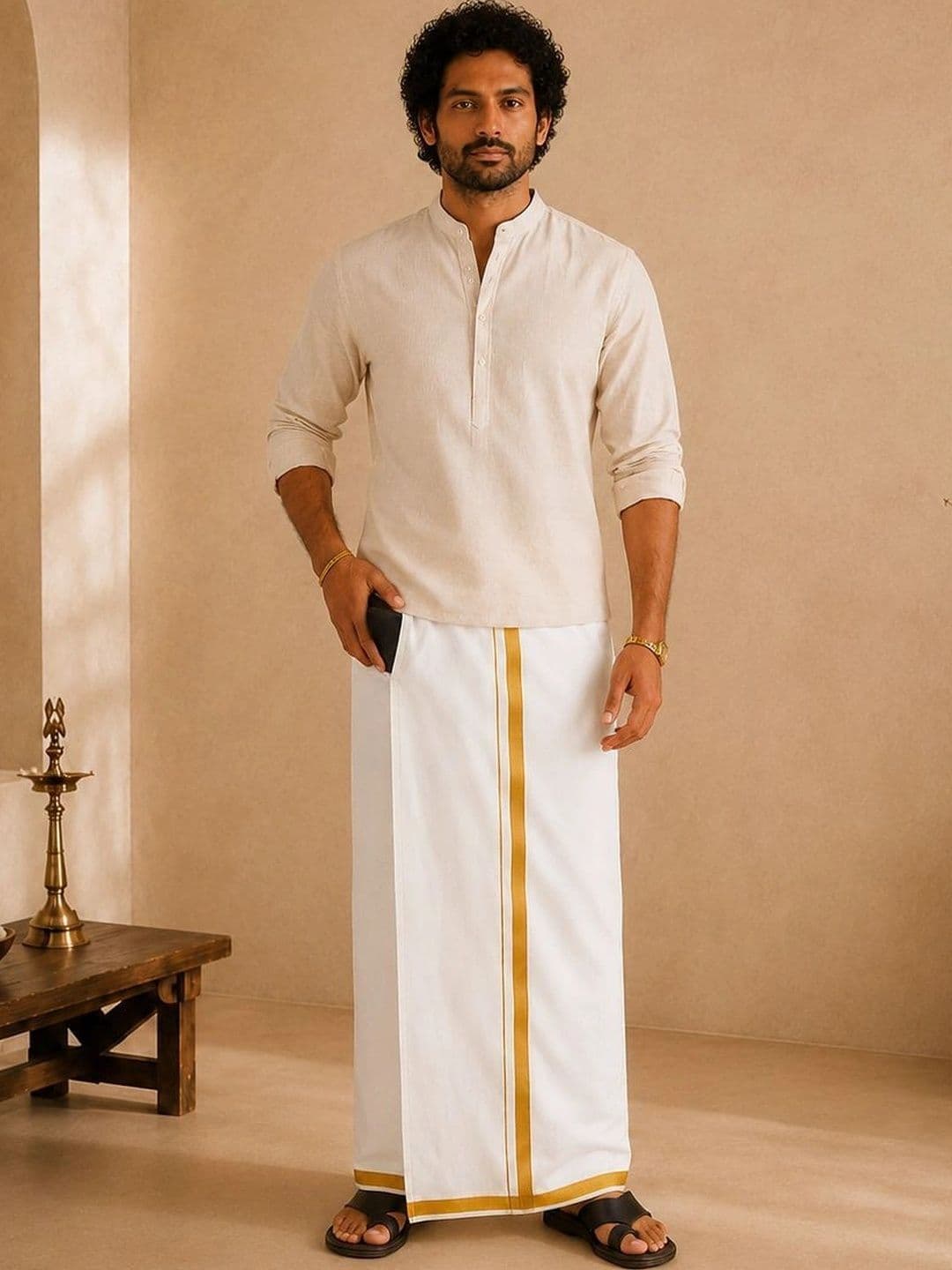 AKESHAVAM Men Striped Cotton Dhoti Dhotis - view 1