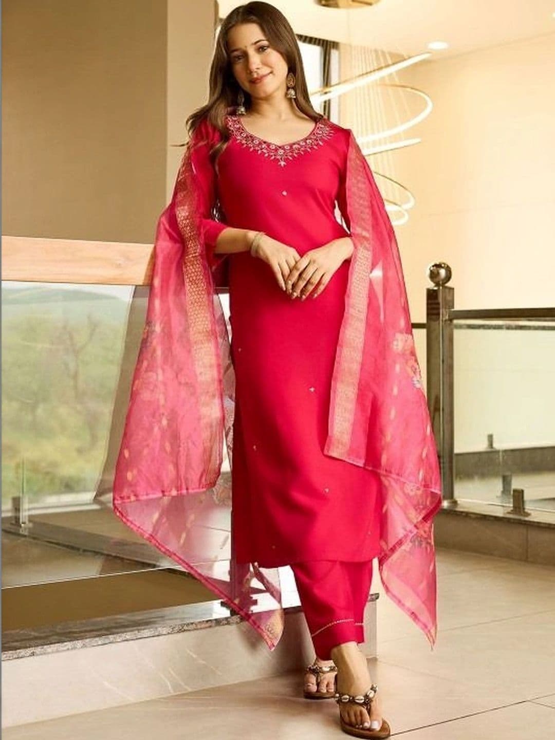 Sangria Women Floral Embroidered Regular Thread Work Kurta with Trousers & With Dupatta - view 1