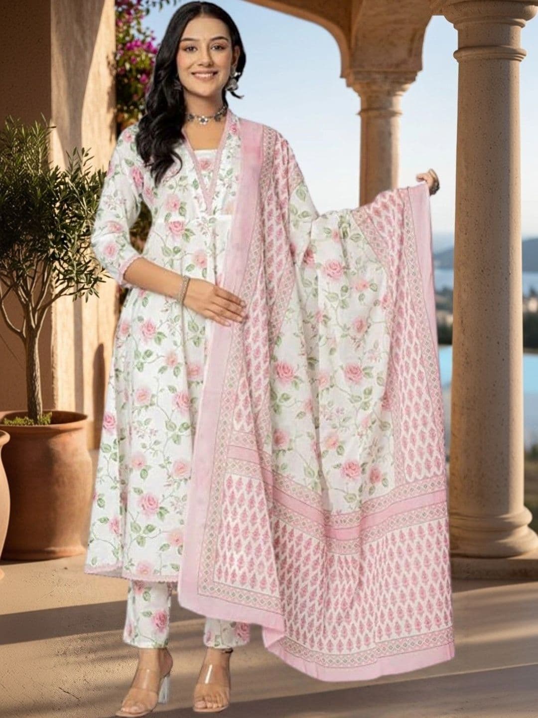 KALINI Women Floral Printed Empire Pure Cotton Kurta with Trousers & With Dupatta - view 1