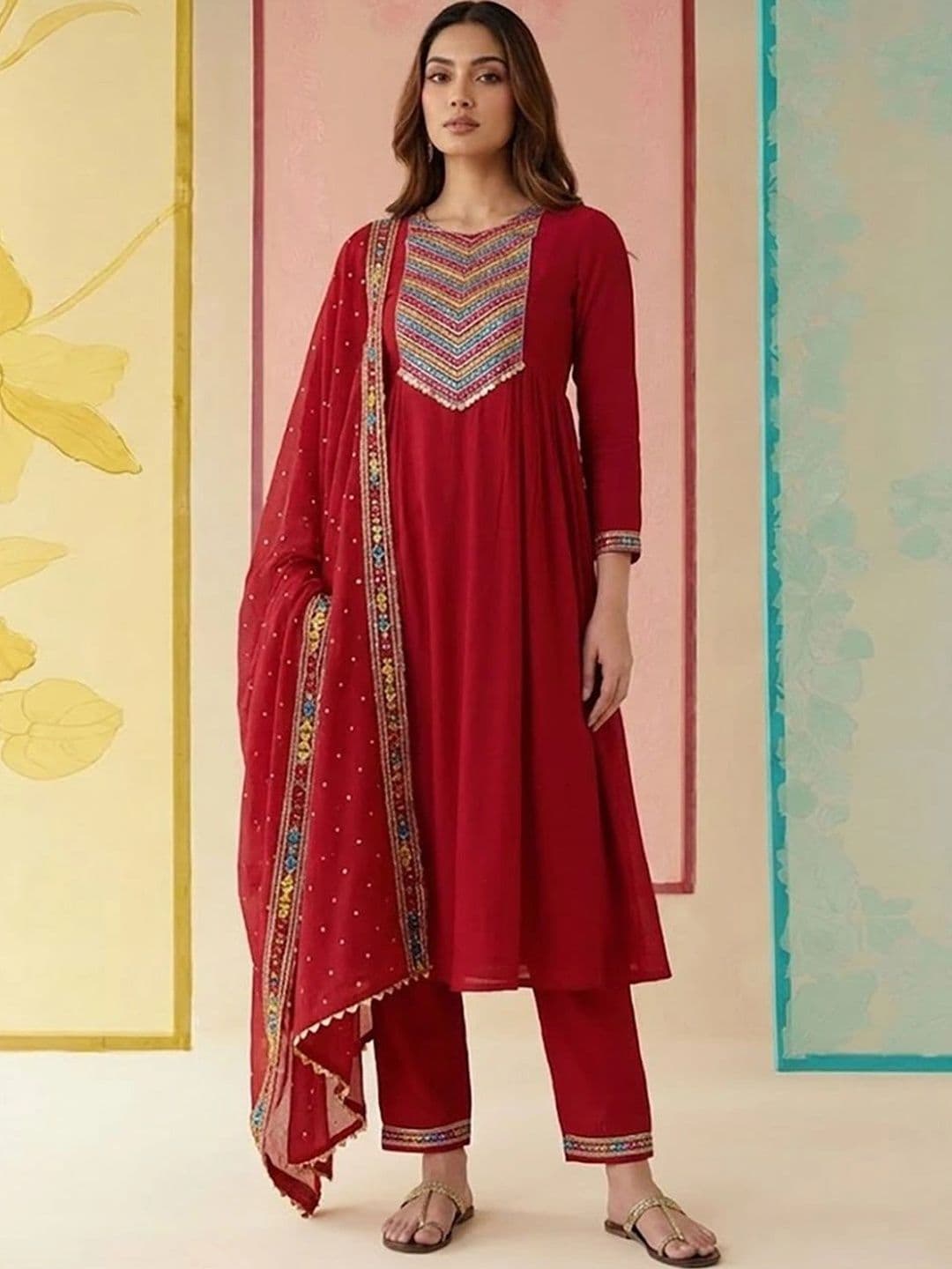 Sangria Women Ethnic Motifs Embroidered Empire Sequinned Kurta with Trousers & With Dupatta - view 1