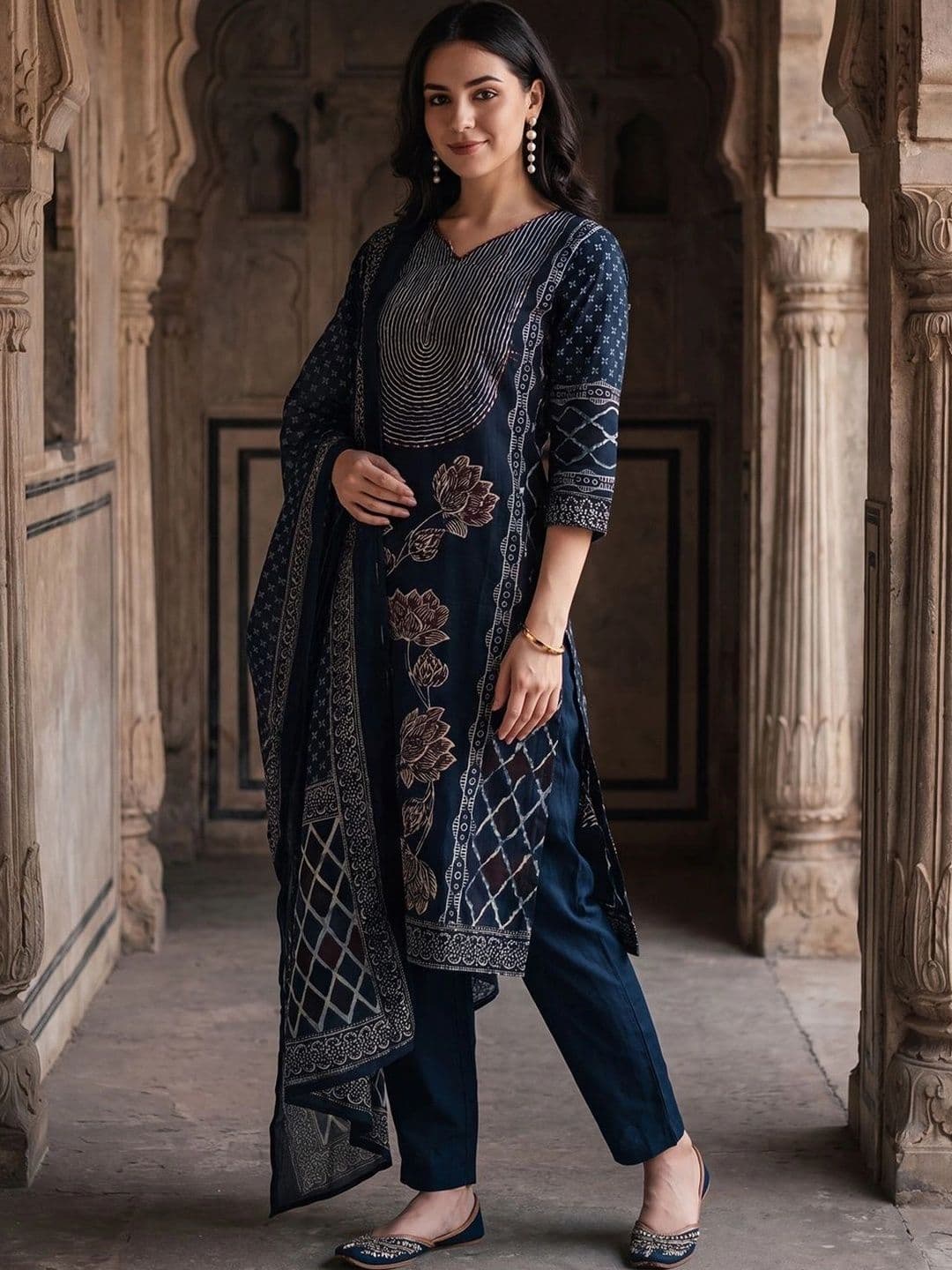 Indo Era Women Ethnic Motifs Printed Regular Pure Cotton Kurta with Trousers & With Dupatta - view 1