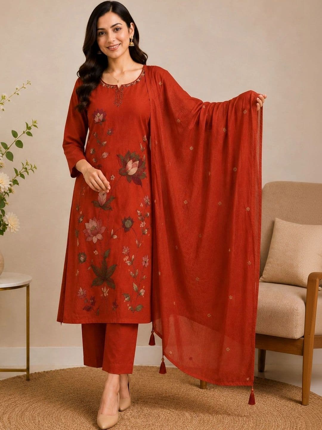 Komfortive Women Floral Embroidered Regular Thread Work Pure Cotton Kurta with Trousers & With Dupatta - view 1