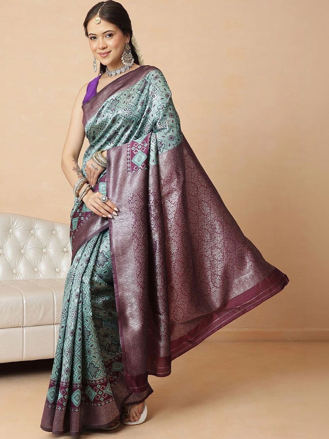 Silk Land Floral Zari Silk Blend Fusion Banarasi Saree - view 1
