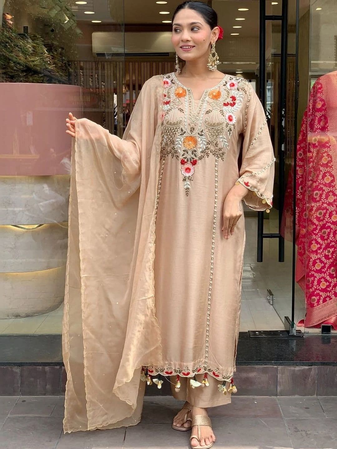 HERE&NOW Women Floral Embroidered Regular Thread Work Chanderi Silk Kurta with Palazzos & With Dupatta - view 1