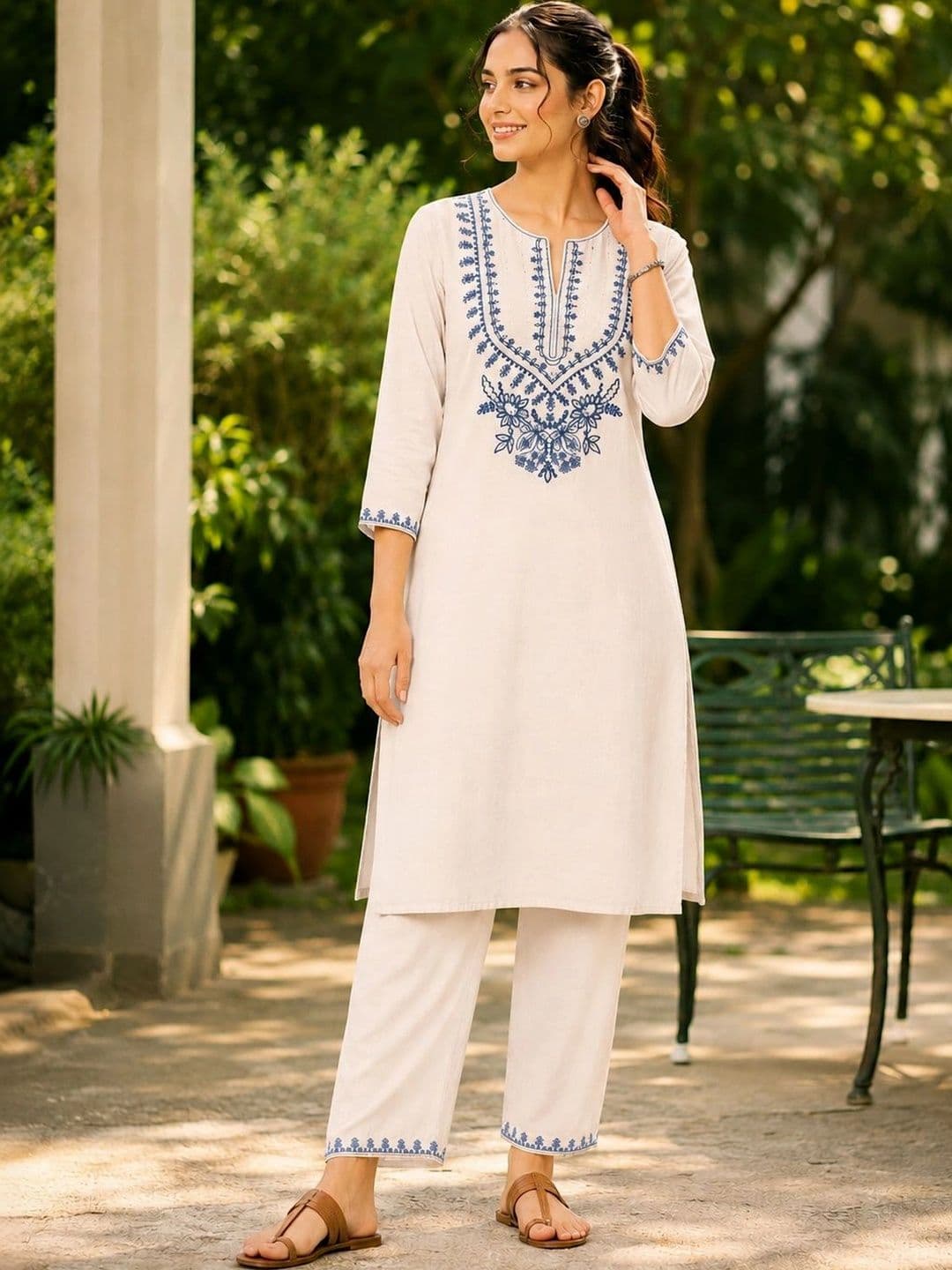 Nayam By Lakshita Women Ethnic Motifs Embroidered Regular Thread Work Pure Cotton Kurta with Palazzos - view 1