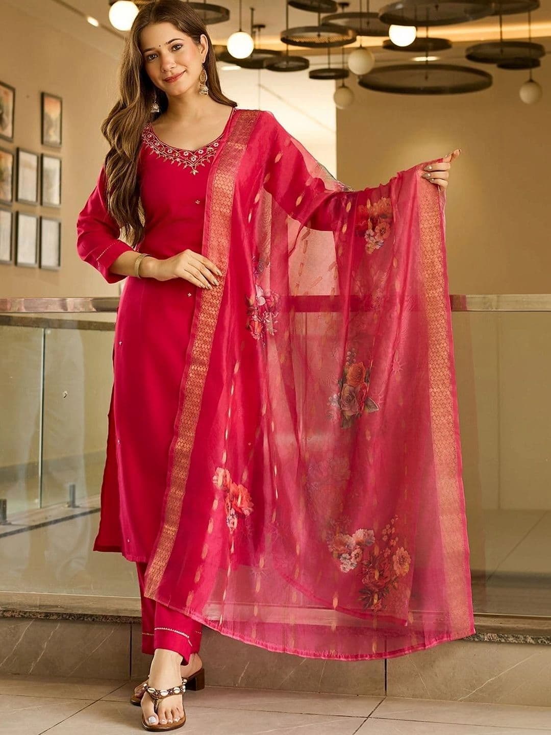 HERE&NOW Women Ethnic Motifs Embroidered Regular Thread Work Kurta with Trousers & With Dupatta - view 1
