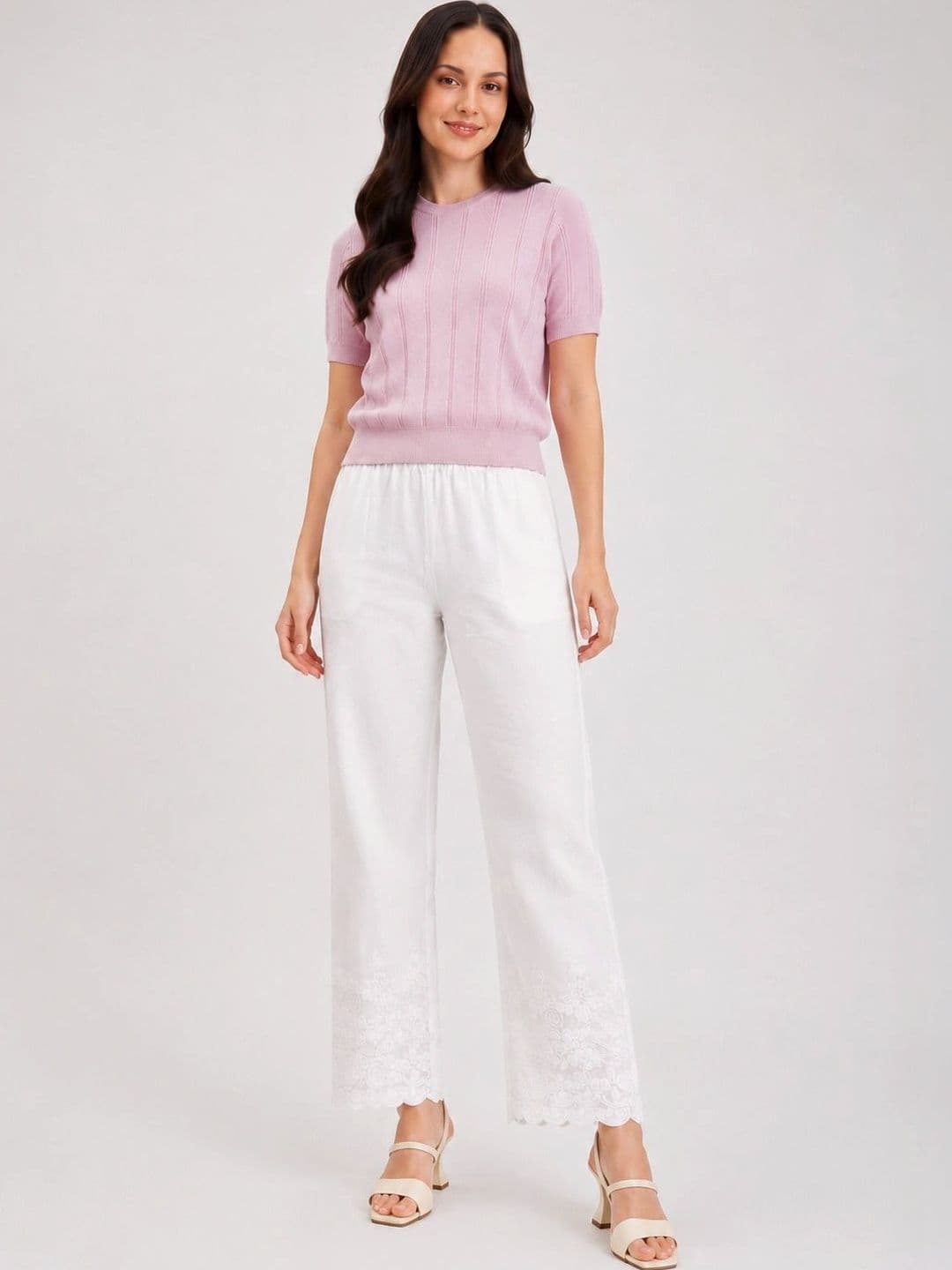 MRS RIGHT Women Floral Embroidered Chambray Cropped Palazzos - view 1
