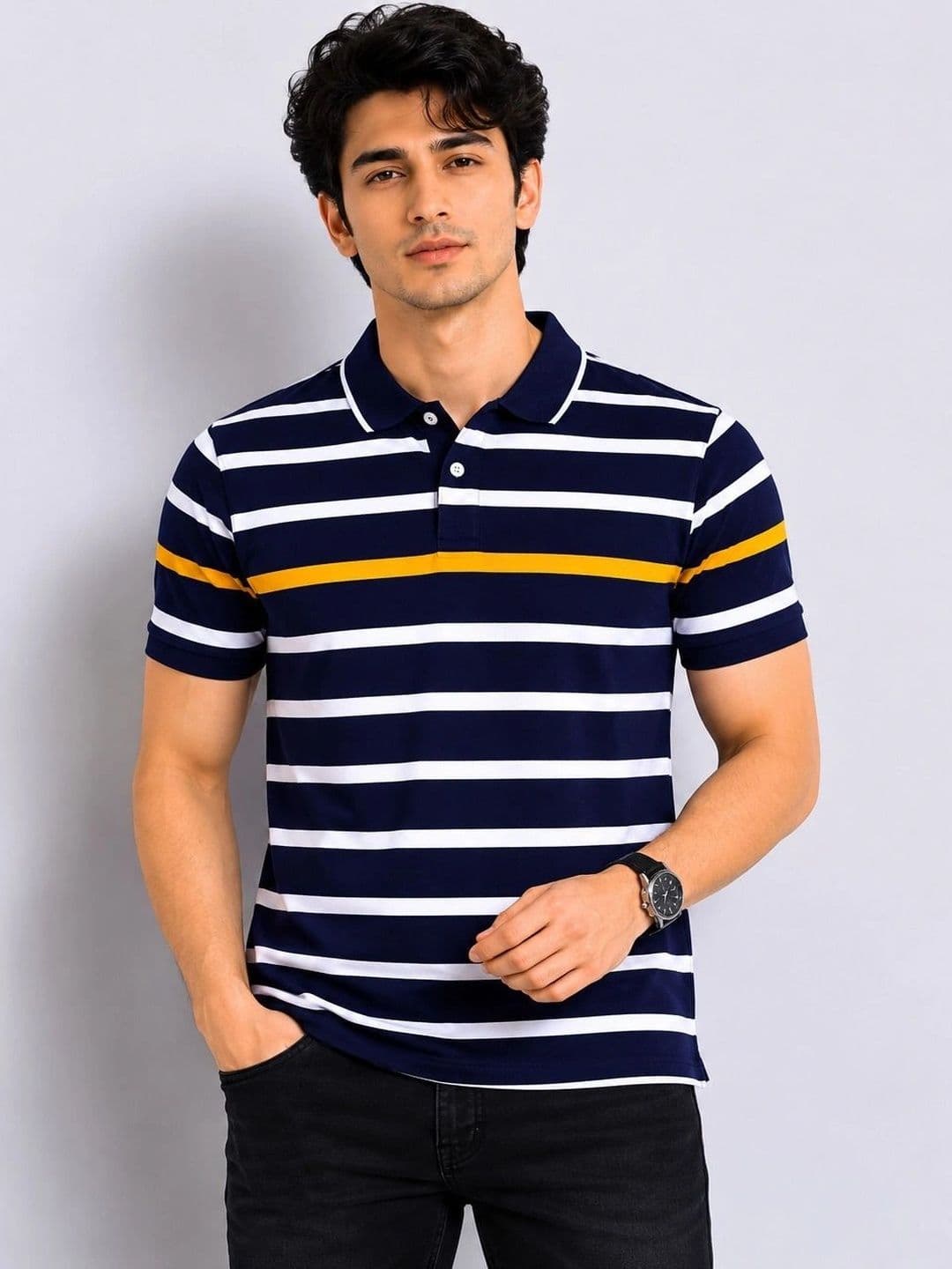 WILD COPS Men Striped Polo Collar T-shirt - view 1