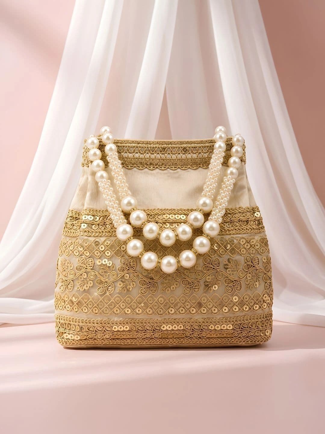 Adiva Beige Fabric Sequin Embroidered Pearl Beaded Ethnic Handheld Bag - view 1