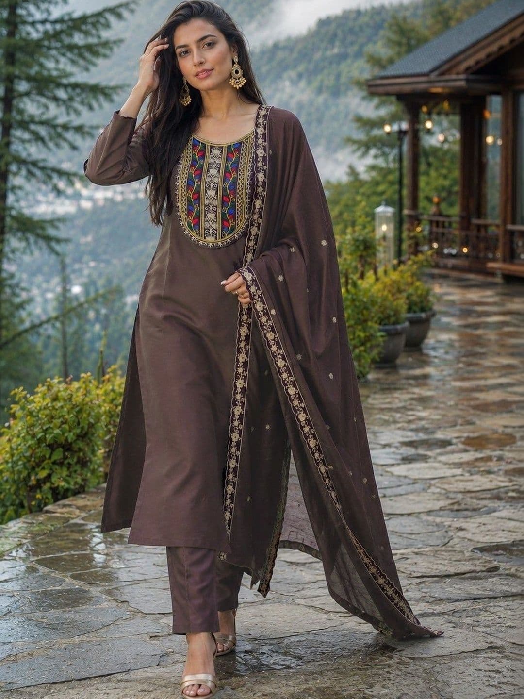 HERE&NOW Women Ethnic Motifs Embroidered Regular Thread Work Kurta with Trousers & With Dupatta - view 1