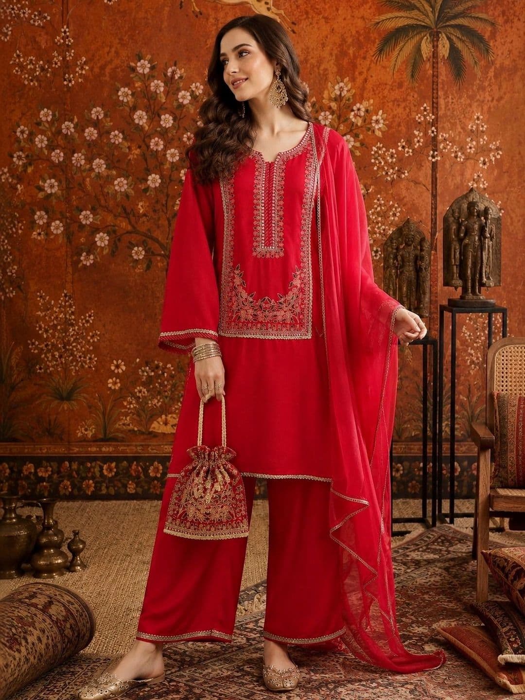 Sangria Women Ethnic Motifs Embroidered Regular Thread Work Kurta with Palazzos & With Dupatta - view 1
