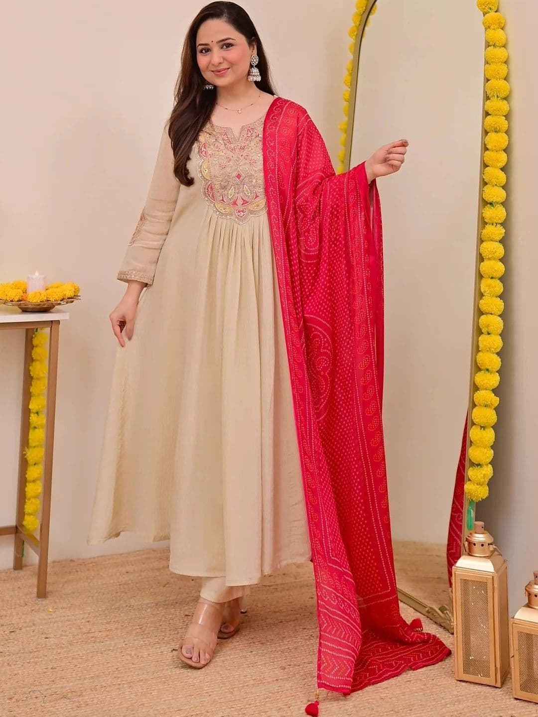 KALINI Women Ethnic Motifs Embroidered Empire Sequinned Kurta with Trousers & With Dupatta - view 1