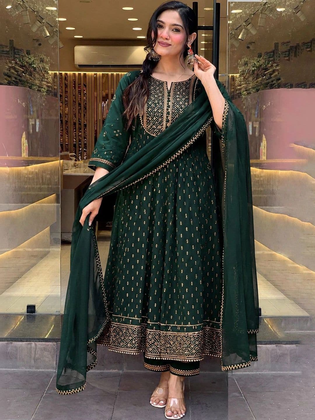 QUEENSFAB Women Ethnic Motifs Embroidered Anarkali Kurta with Trousers & Dupatta - view 1