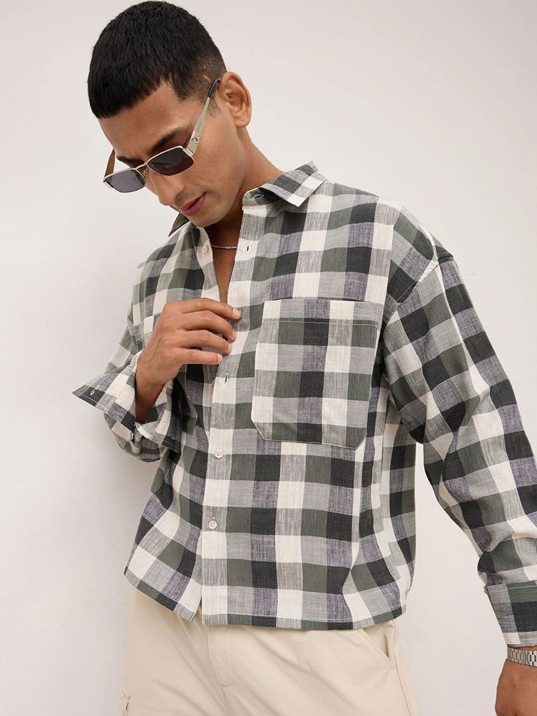 VASTRADO Distinguished Olive Block Checks Twin Pocket Boxy Fit Crop Shirt - view 1