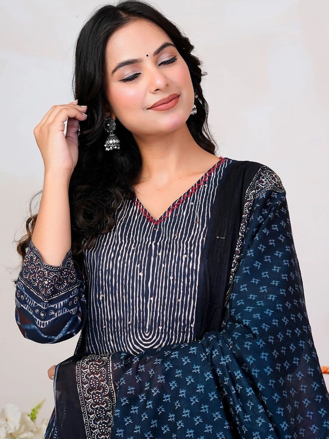 Indo Era Women Floral Printed Panelled Sequinned Pure Cotton Kurta with Trousers & With Dupatta - view 1
