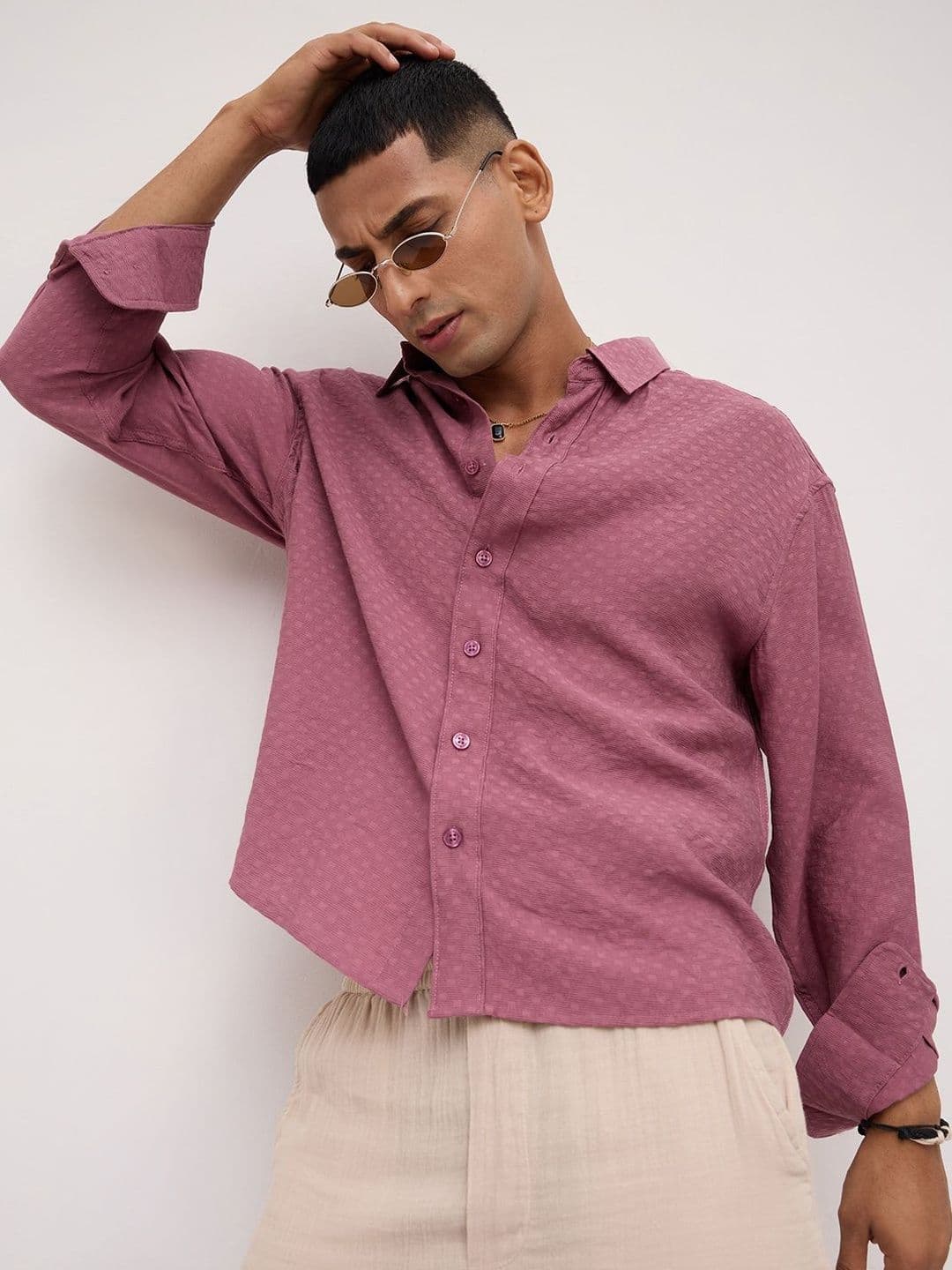 VASTRADO Rosewood Pink Dot Textured Boxy Fit Crop Shirt - view 1