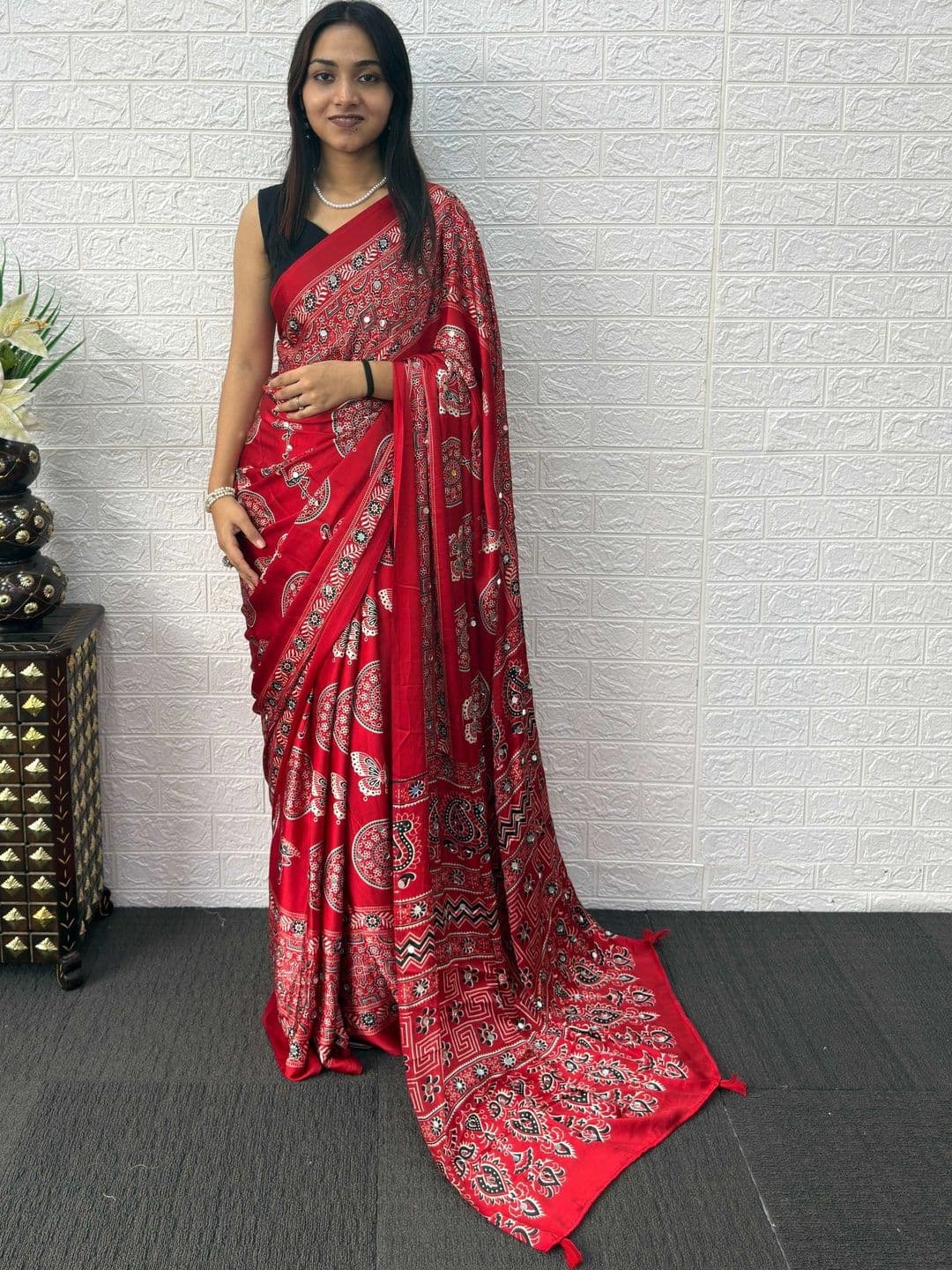 Mitera Ajrak Block Mirror Work Bandhani Saree - view 1