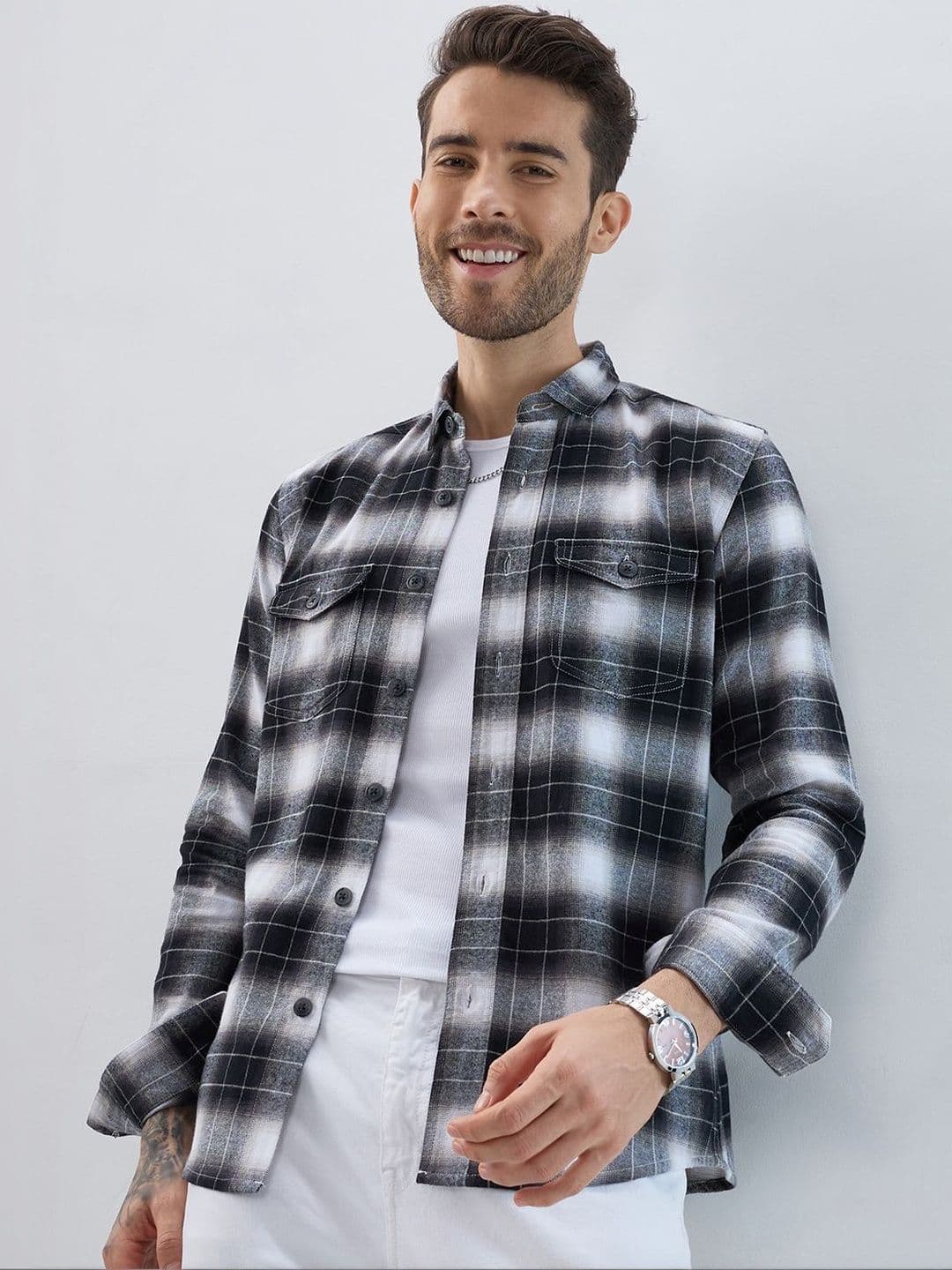 VASTRADO Mist Plaid Checked Cotton Long Sleeves Shirt - view 1