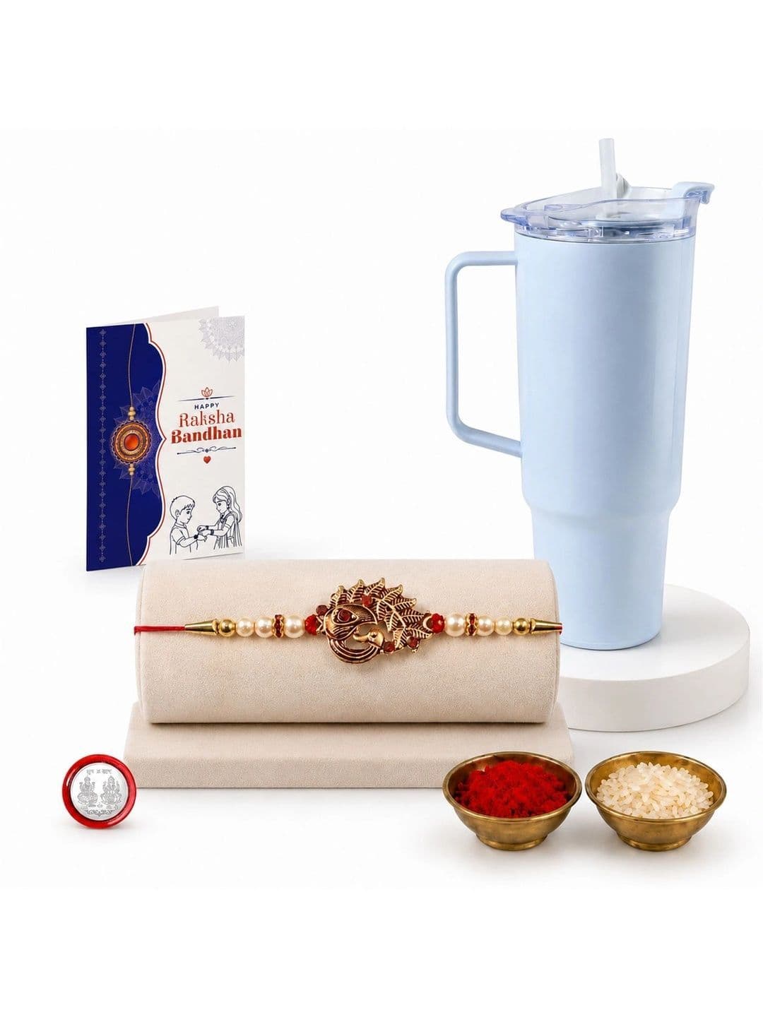Effete Thread Rakhi With Roli Chawal Card Coin & Tumbler Gift Set - view 1