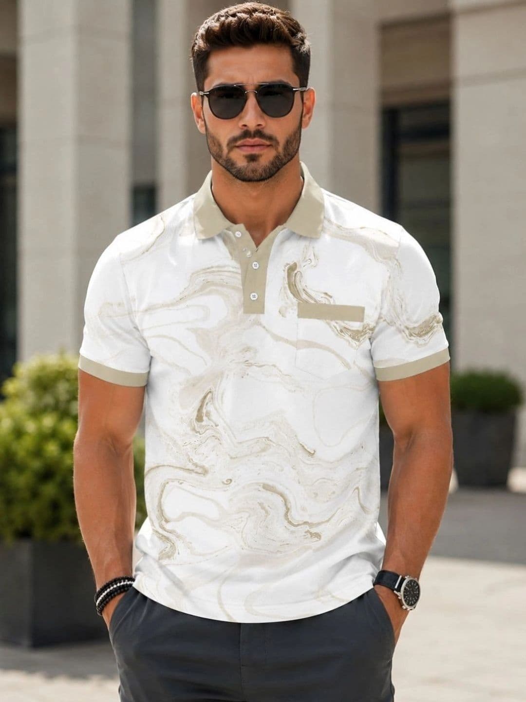 HERE&NOW Men Printed Polo Collar Pockets T-shirt - view 1