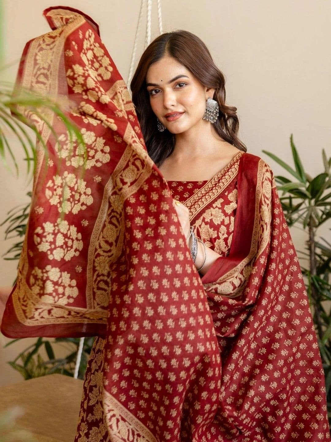 Anouk Women Floral Printed Empire Mirror Work Pure Cotton Kurta with Palazzos & With Dupatta - view 1