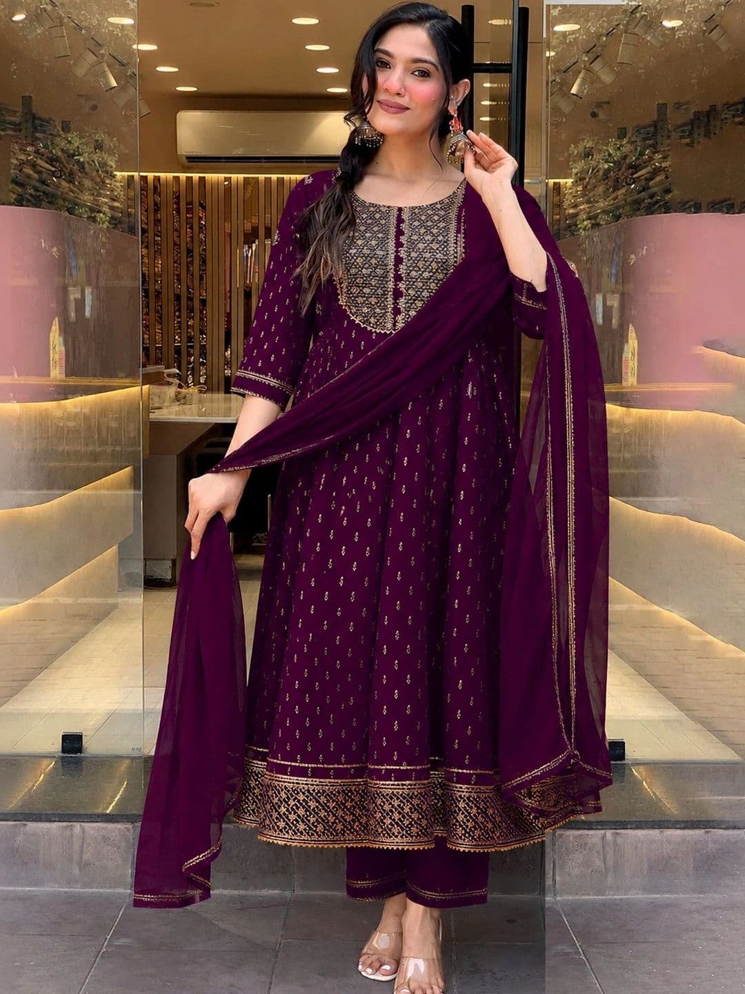 QUEENSFAB Women Ethnic Motifs Embroidered Anarkali Kurta With Trousers & Dupatta - view 1
