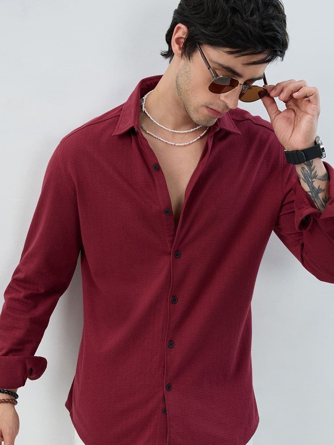 VASTRADO Berry Red Subtle Textured Knit Shirt - view 1