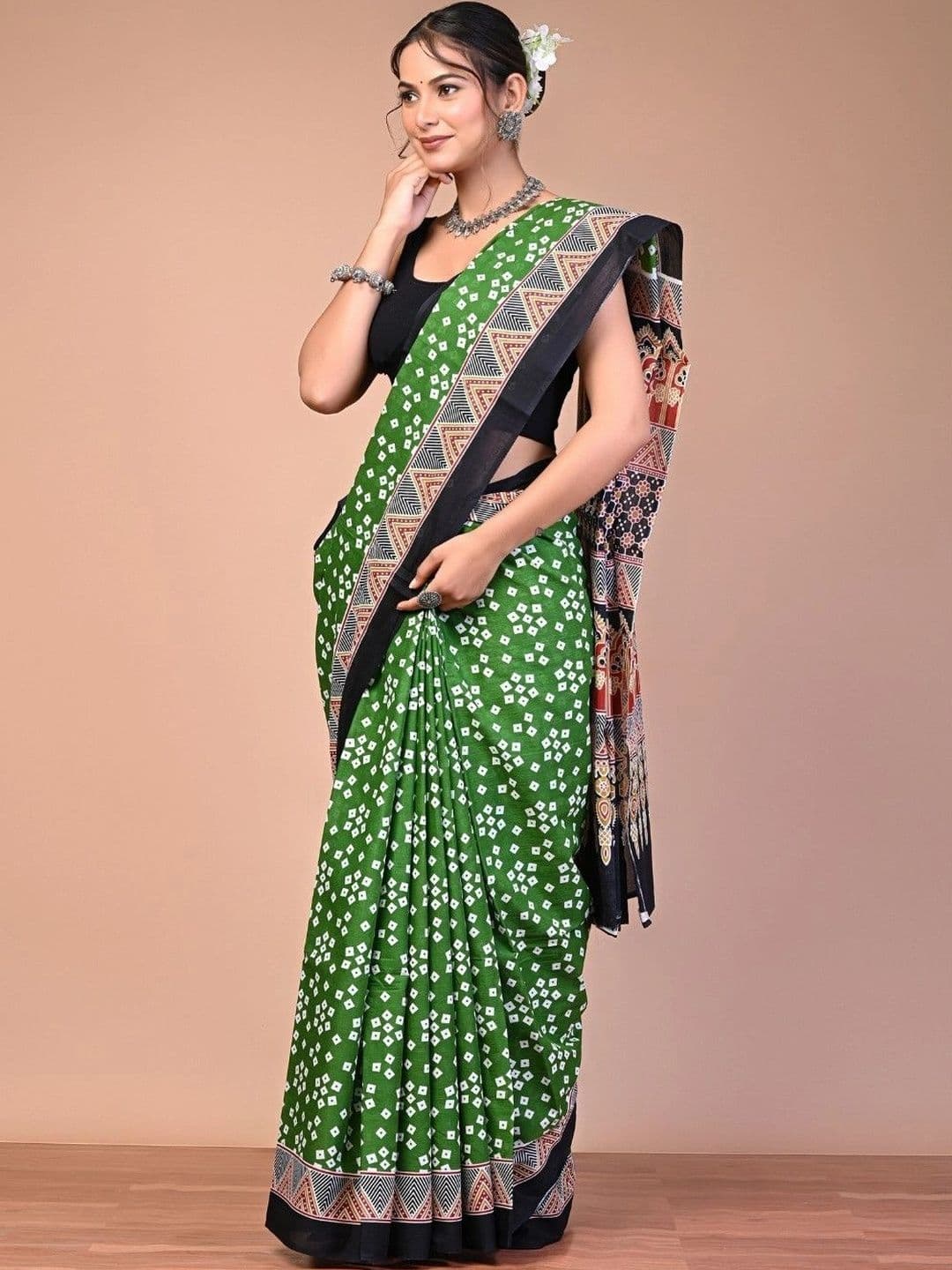 Indian Draping Company Bandhani Pure Cotton Block Print Saree - view 1