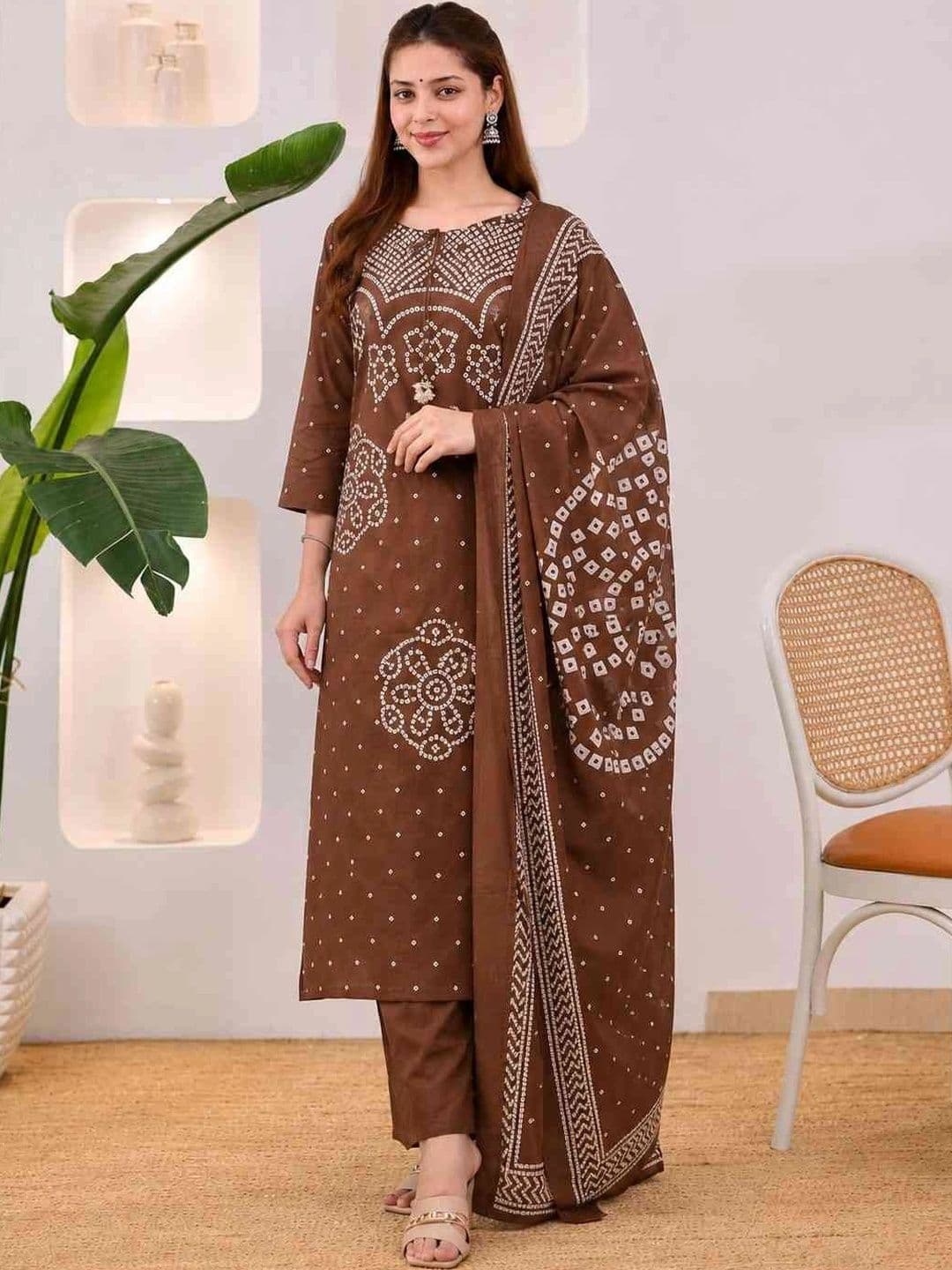 NAMA'S Women Bandhani Printed Regular Pure Cotton Kurta with Trousers & With Dupatta - view 1