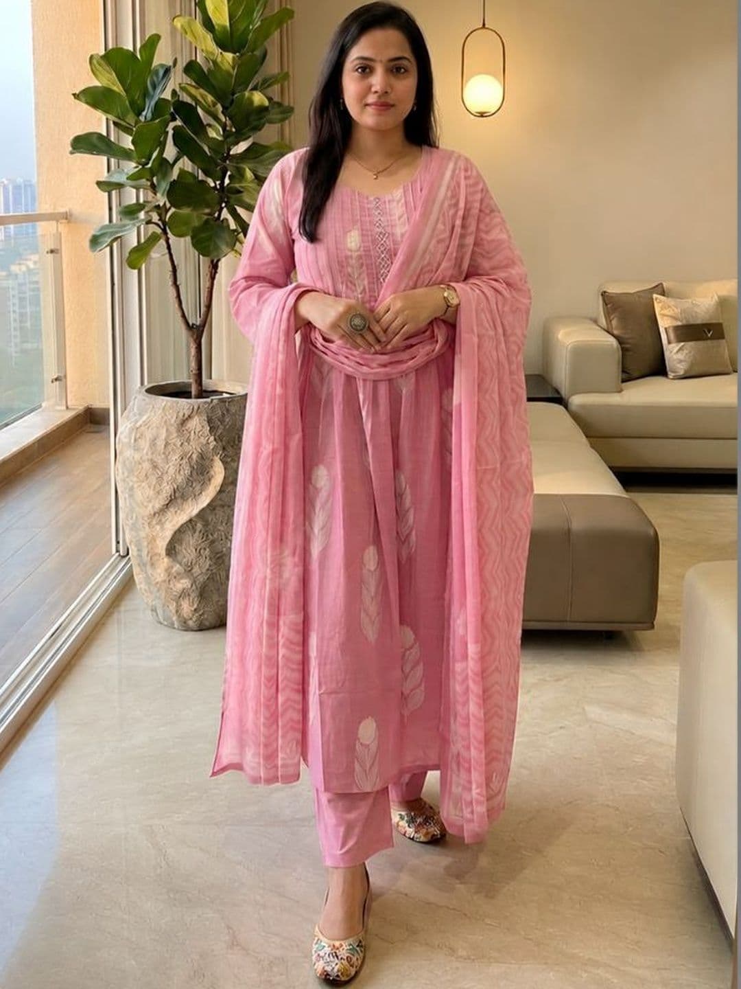 G4Girl Women Ethnic Motifs Printed Regular Pure Cotton Kurta with Trousers & With Dupatta - view 1