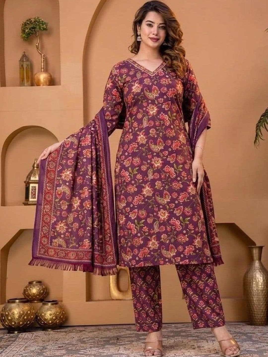 Pink World Women Floral Printed Regular Pure Cotton Kurta with Trousers & With Dupatta - view 1