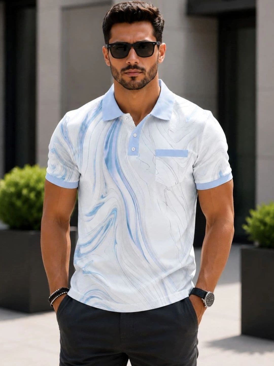 HERE&NOW Men Printed Polo Collar Pockets T-shirt - view 1