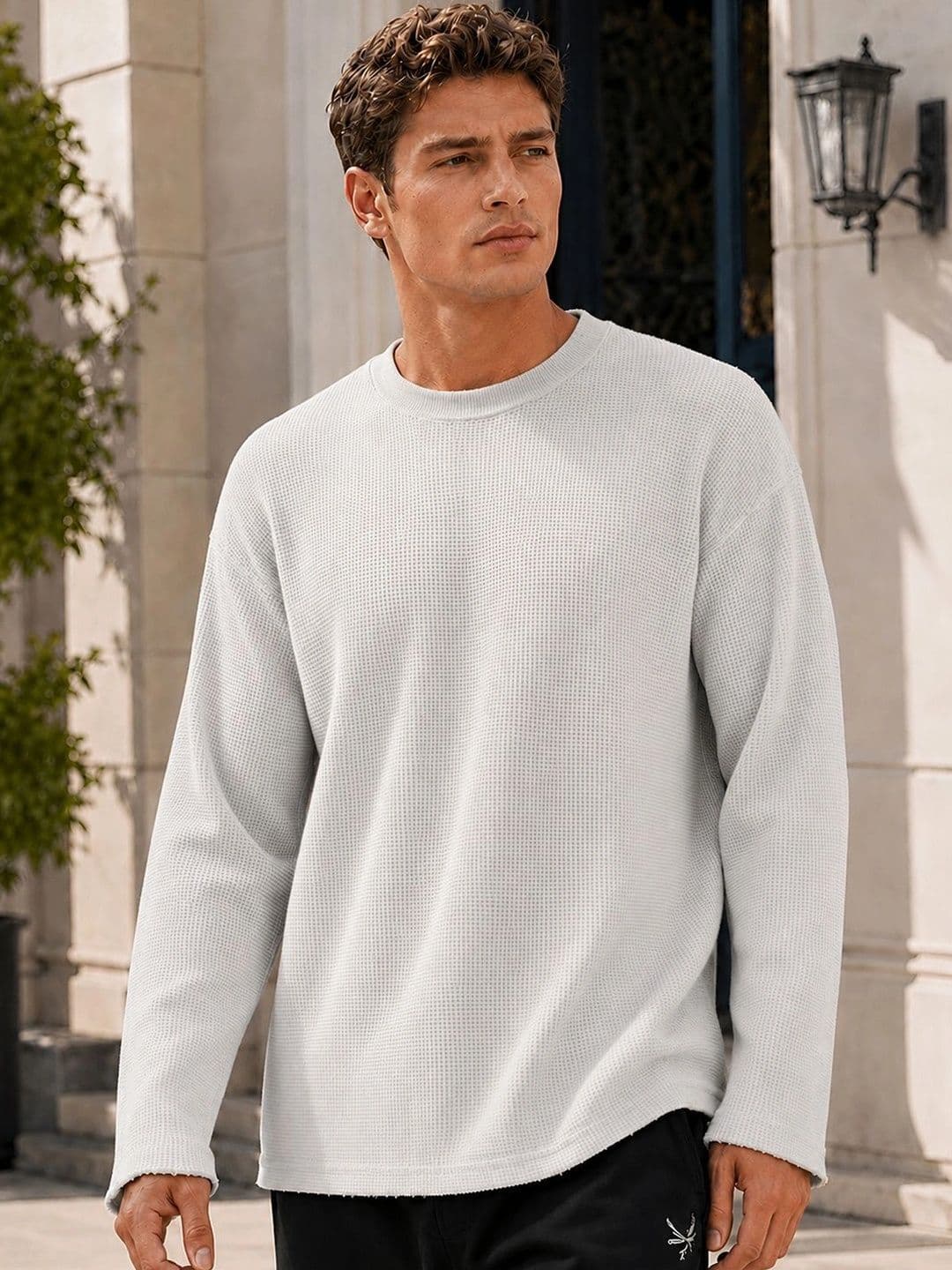 Friskers Self Design Round Neck Long Sleeves Oversized Cotton T-shirt - view 1