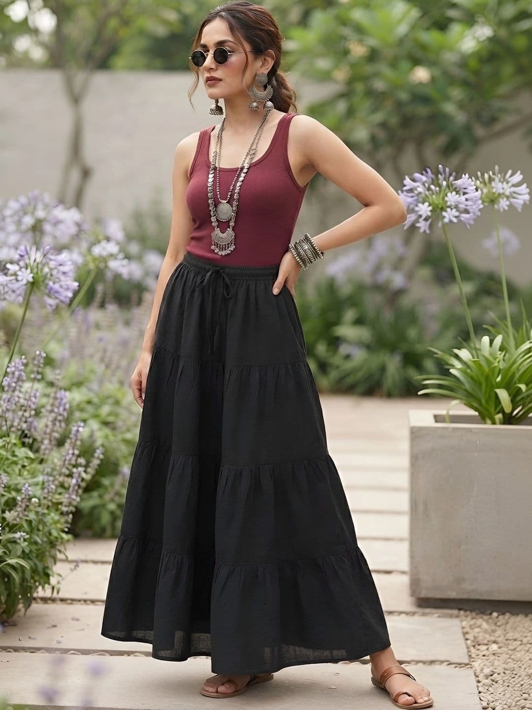 Nayo Women Pure Cotton Tiered Maxi Tiered Skirt - view 1