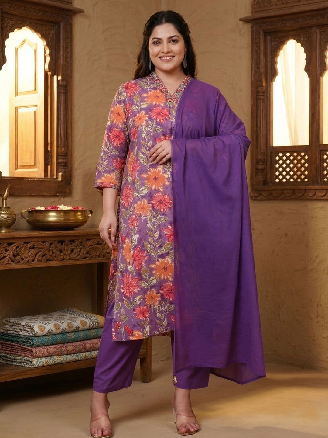 Sztori Women Floral Printed Regular Pure Cotton Kurta with Trousers & With Dupatta - view 1