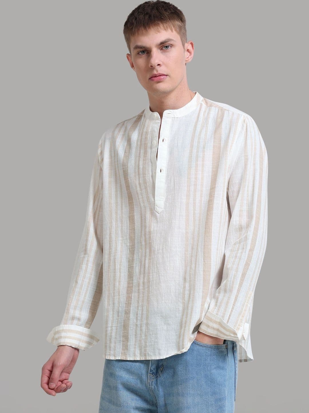 StitchX Men's Band Collar Pure Cotton Striped Kurta Shirt - view 1