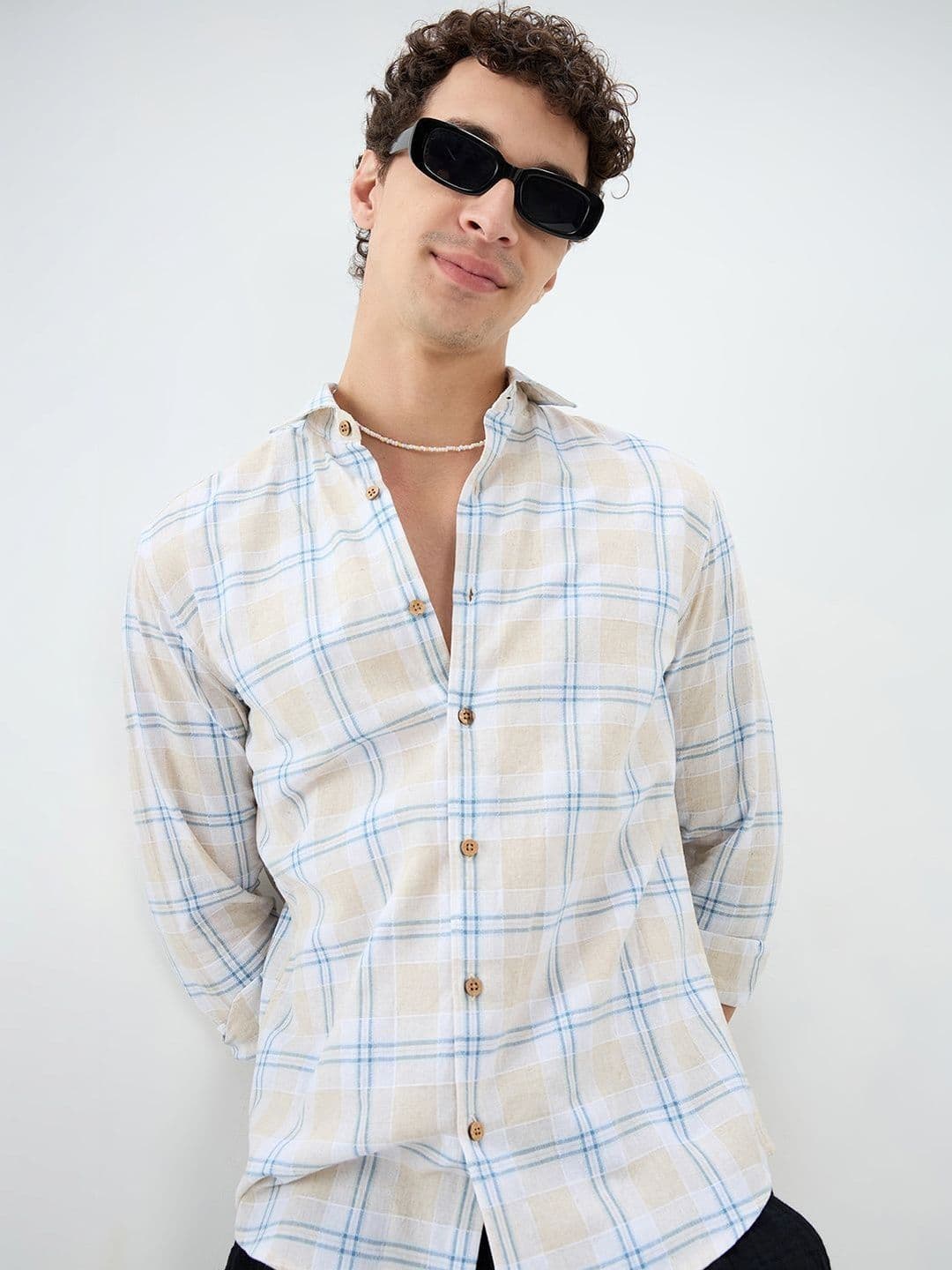 VASTRADO Soft Sand Contrast Windowpane Checks Linen Blend Shirt - view 1