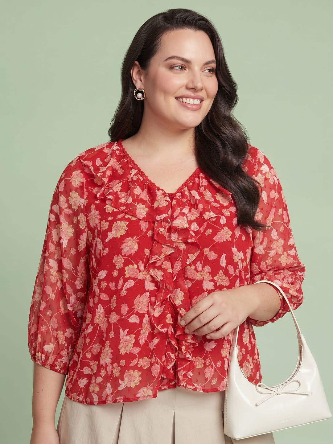 DressBerry Curve Plus Size Floral Printed Ruffled Top - view 1