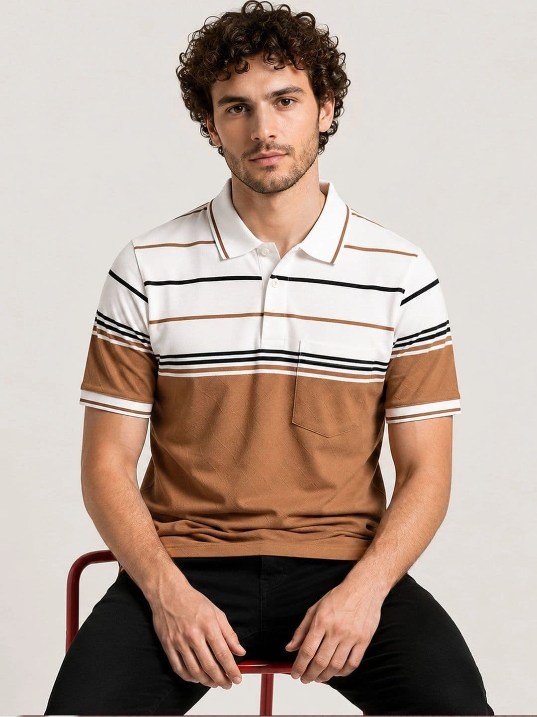 Monk Mode Men Striped Polo Collar Pockets T-shirt - view 1