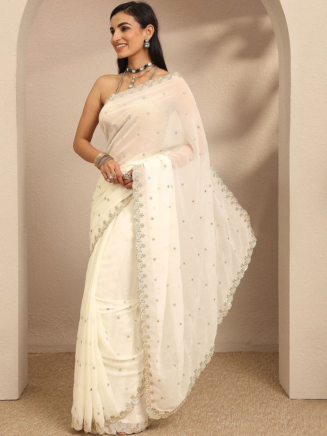 Libas Cream Embroidered Georgette Saree With Unstitched Blouse Piece - view 1
