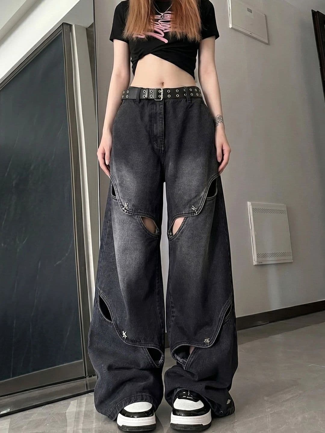 StyleCast x Revolte Women Wide Leg Mid-Rise Highly Distressed Light Fade Coated Jeans - view 1