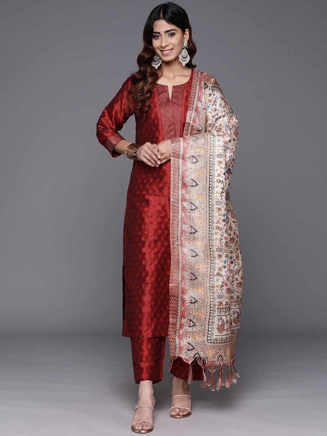 Varanga Maroon Zari Work textured Kurta with Trouser and Printed Dupatta - view 1